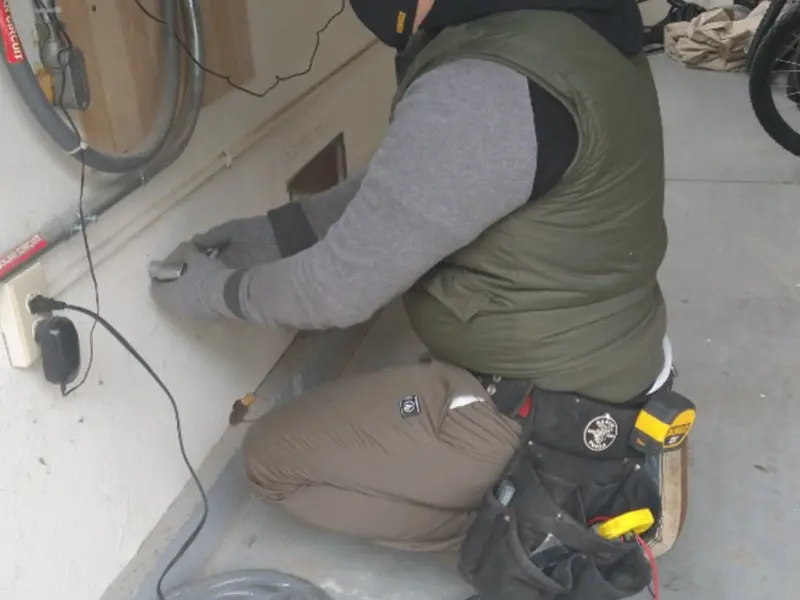 Electrician performing outlet wiring in a Carmichael garage